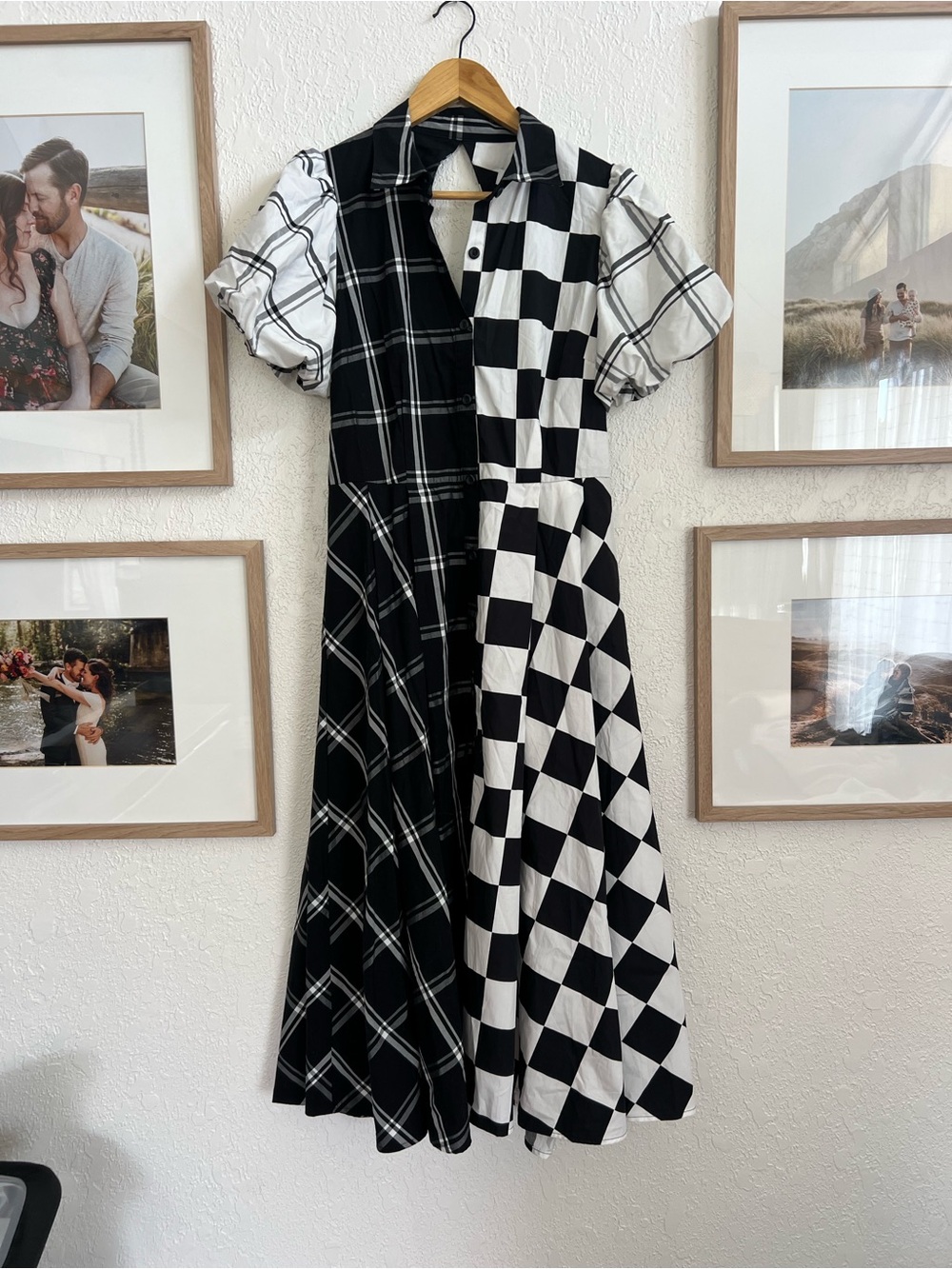 Christopher Rodgers Black & White Mixed Plaid Checker Midi Dress